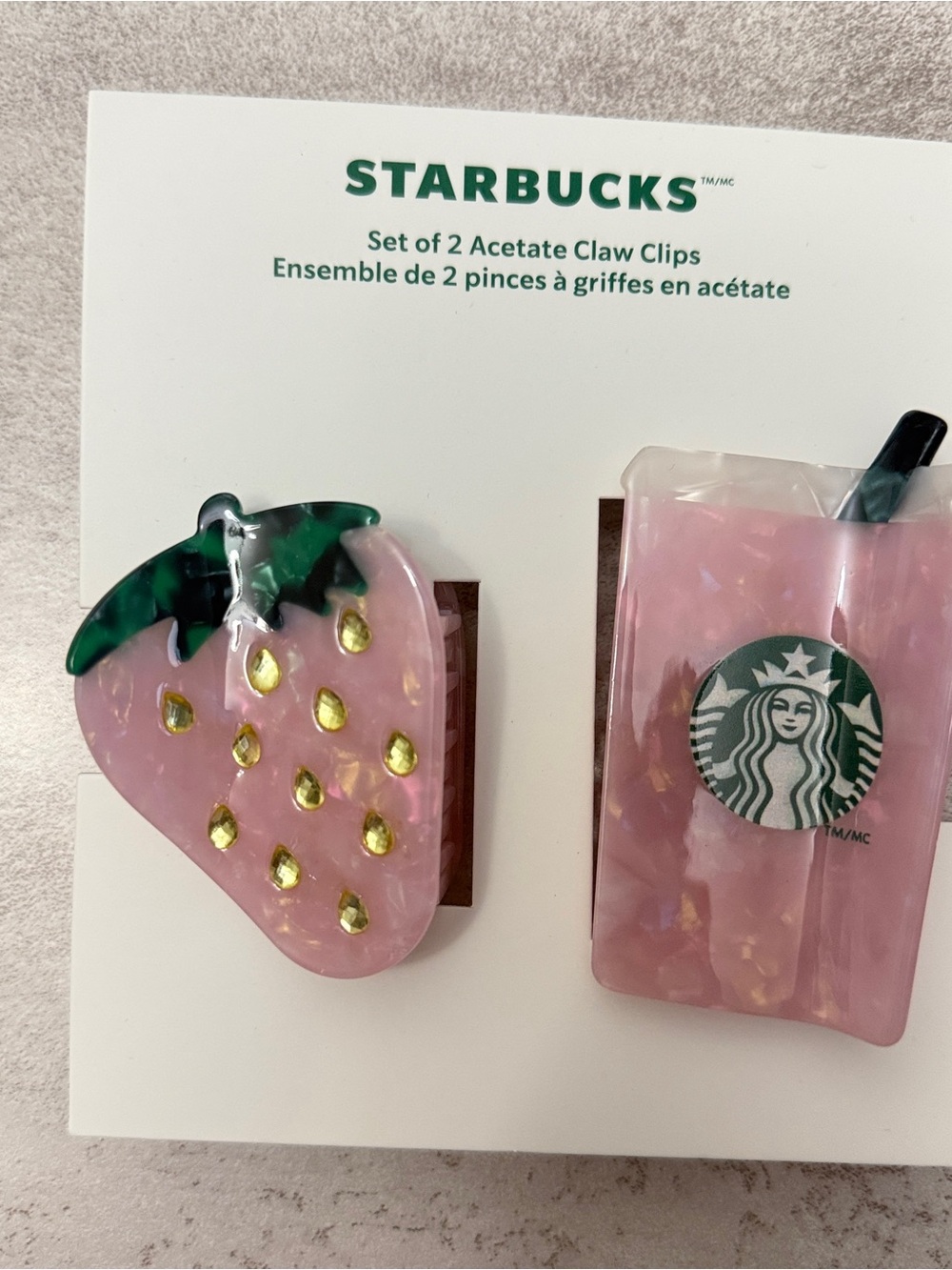 Starbucks Pink & Green Acetate Strawberry and Cup Claw Clips
